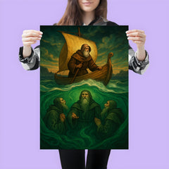 Saint Brendan encountering sea monks beneath emerald waves poster 3