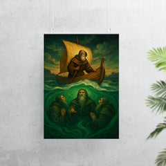 Saint Brendan encountering sea monks beneath emerald waves poster 7