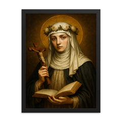 Saint Catherine of Siena framed print on a plain backdrop in size 18"x24".