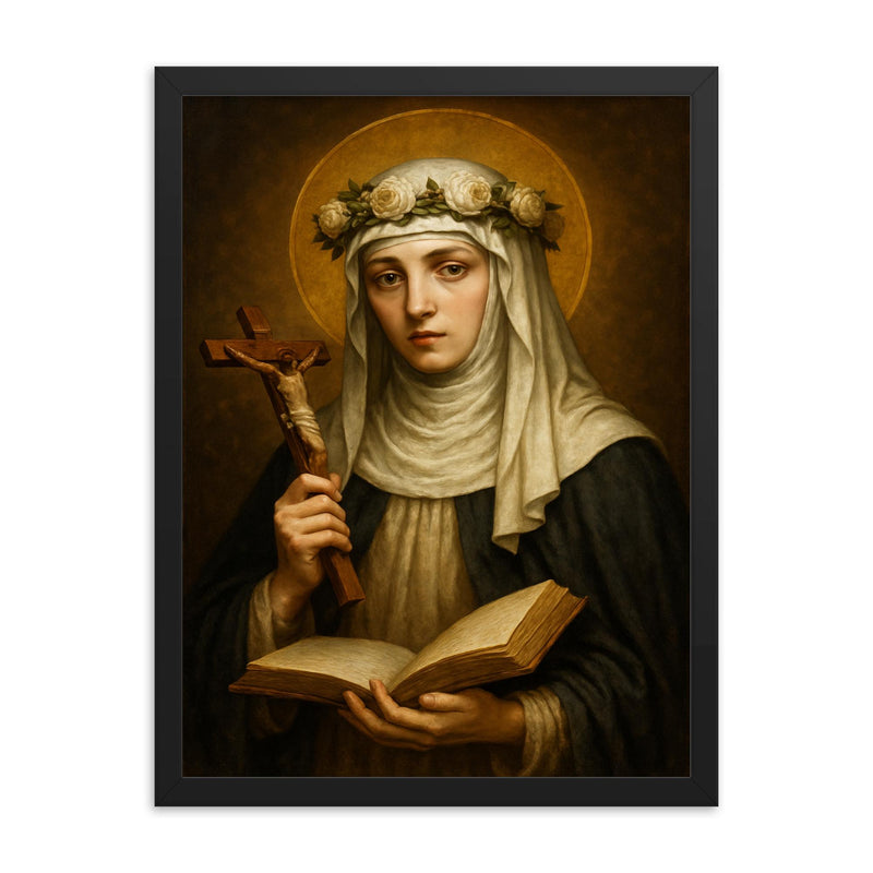 Saint Catherine of Siena framed print on a plain backdrop in size 18