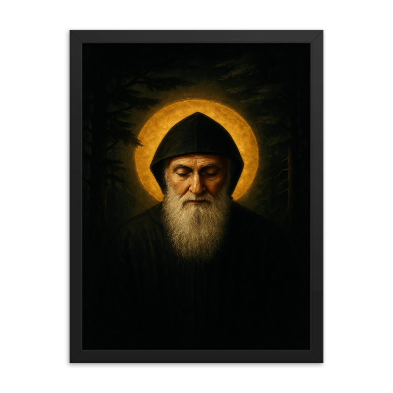 Saint Charbel in cedar darkness and gold light framed print on a plain backdrop in size 18