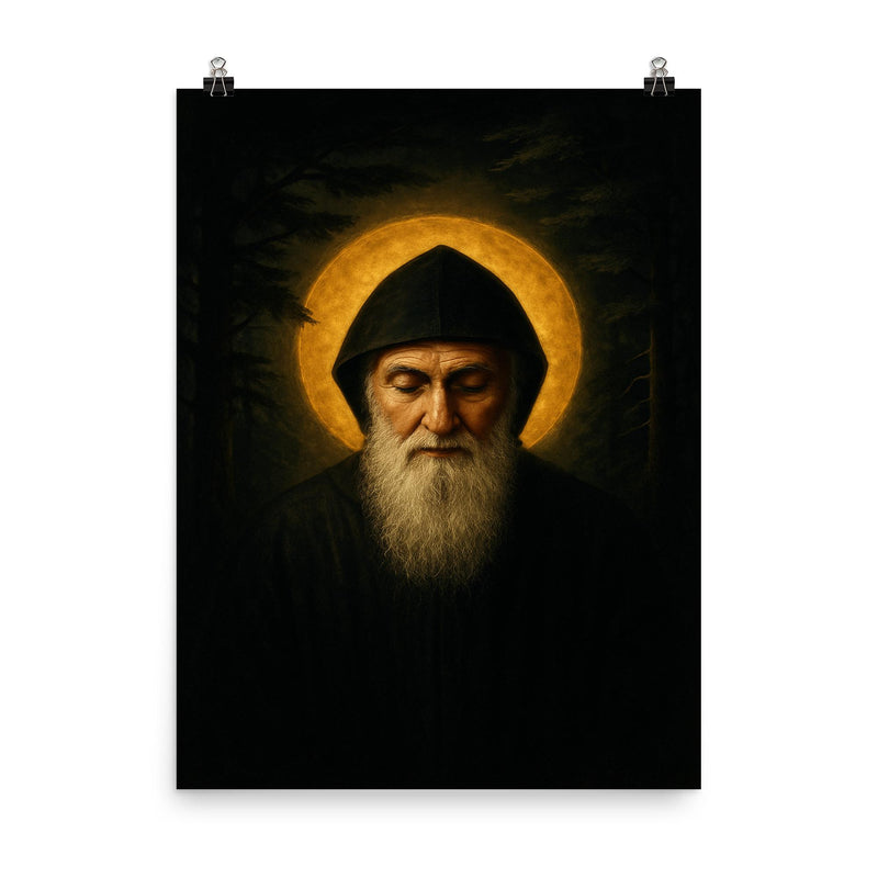 Saint Charbel in cedar darkness and gold light poster on a plain backdrop in size 8