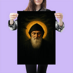 Saint Charbel in cedar darkness and gold light poster 3