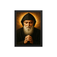 Saint Charbel Makhlouf portrait framed print on a plain backdrop in size 12"x16".