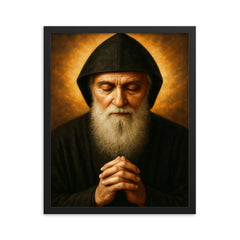 Saint Charbel Makhlouf portrait framed print on a plain backdrop in size 16"x20".