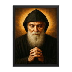 Saint Charbel Makhlouf portrait framed print on a plain backdrop in size 18"x24".