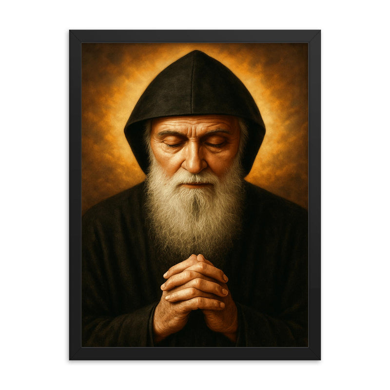 Saint Charbel Makhlouf portrait framed print on a plain backdrop in size 18