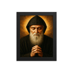 Saint Charbel Makhlouf portrait framed print on a plain backdrop in size 8"x10".