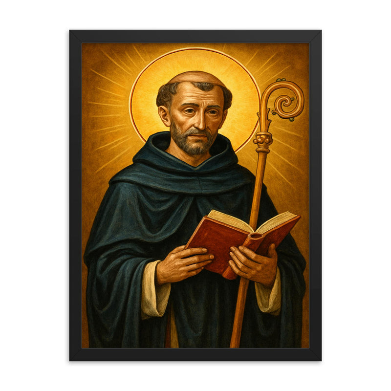 Saint Dominic of Silos framed print on a plain backdrop in size 18