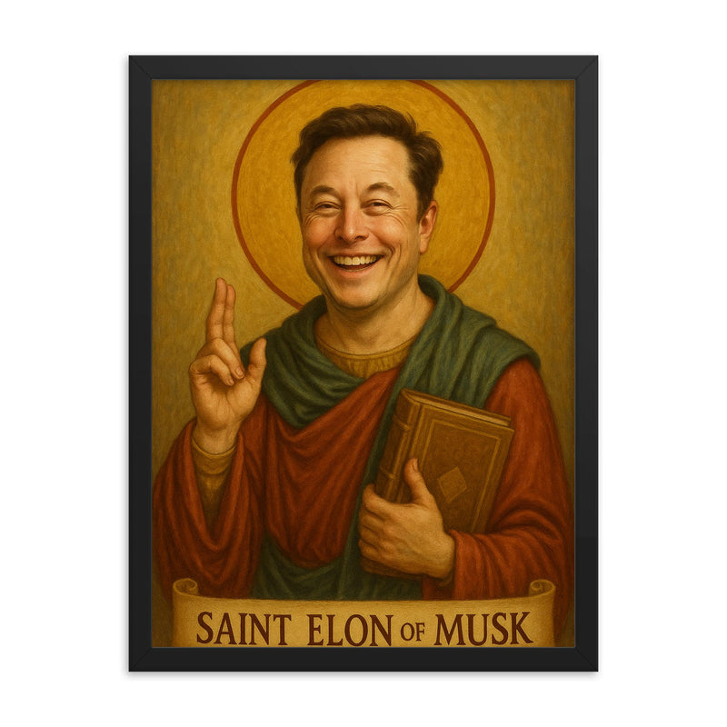Saint Elon of Musk framed print on a plain backdrop in size 18