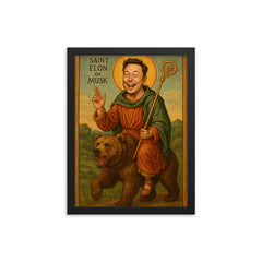 Saint Elon of Musk Riding a Bear framed print on a plain backdrop in size 12"x16".