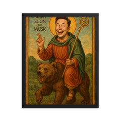 Saint Elon of Musk Riding a Bear framed print on a plain backdrop in size 16"x20".