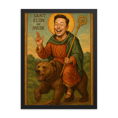 Saint Elon of Musk Riding a Bear framed print on a plain backdrop in size 18"x24".