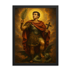 Saint Expeditus trampling delay with a martyr's palm framed print mockup 18x24