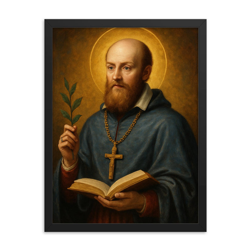 Saint Francis de Sales framed print on a plain backdrop in size 18