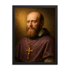 Saint Francis de Sales portrait framed print on a plain backdrop in size 18"x24".