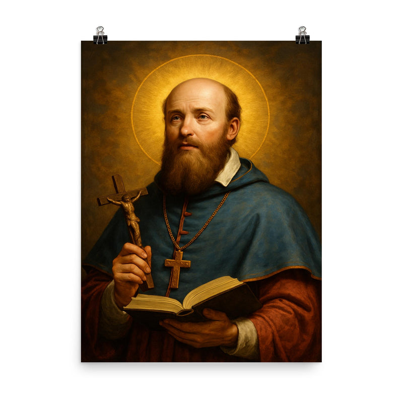Saint Francis de Sales poster on a plain backdrop in size 8