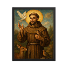 Saint Francis of Assisi framed print on a plain backdrop in size 16"x20".