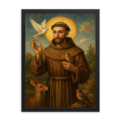 Saint Francis of Assisi framed print on a plain backdrop in size 18"x24".