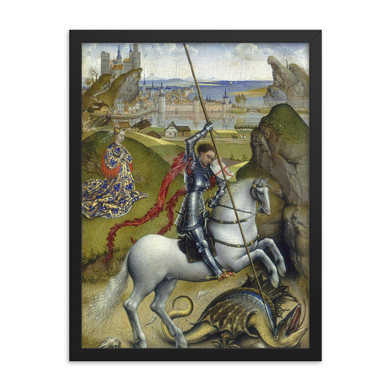 Saint George and the Dragon by Rogier van der Weyden, 1432-1435 framed print on a plain backdrop in size 18
