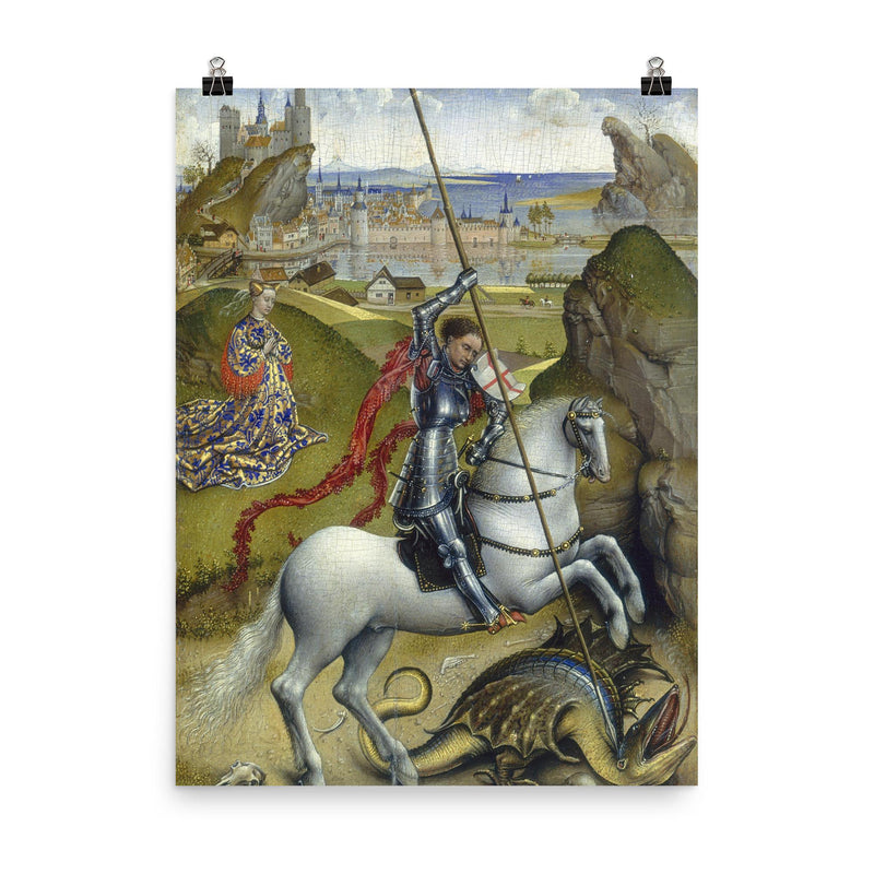 Saint George and the Dragon by Rogier van der Weyden, 1432-1435 poster on a plain backdrop in size 8