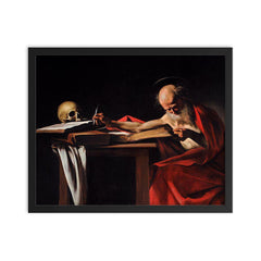 Saint Jerome in His Study by Caravaggio framed print on a plain backdrop in size 16"x20".