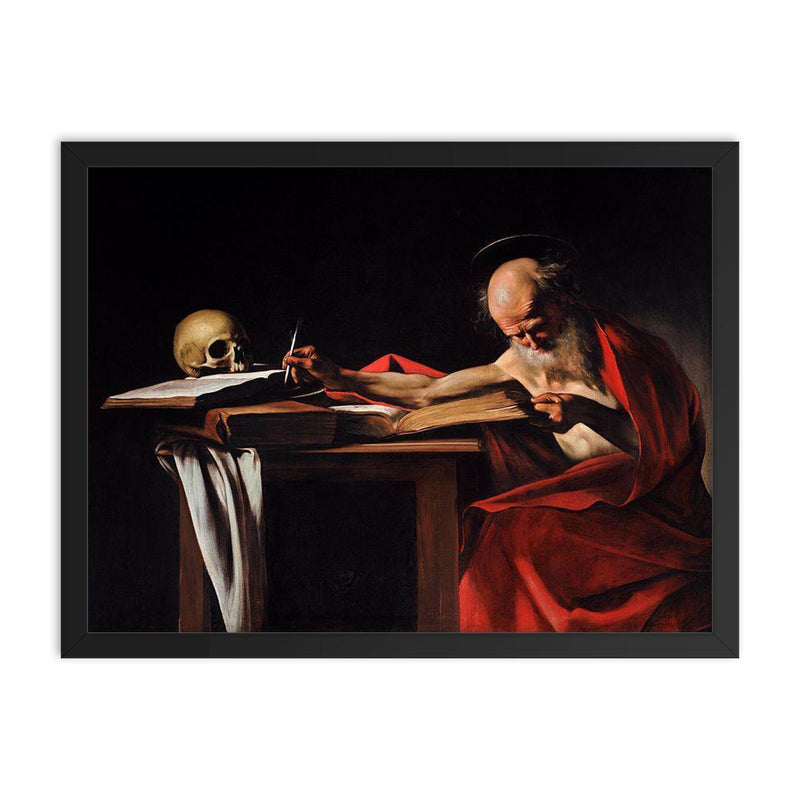 Saint Jerome in His Study by Caravaggio framed print on a plain backdrop in size 18