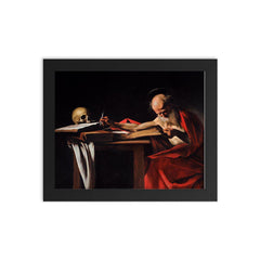 Saint Jerome in His Study by Caravaggio framed print on a plain backdrop in size 8"x10".