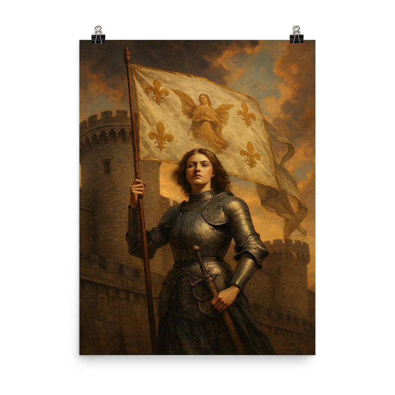 Saint Joan of Arc banner at Orléans walls poster on a plain backdrop in size 8