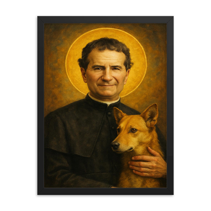 Saint John Bosco framed print on a plain backdrop in size 18