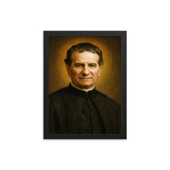 Saint John Bosco portrait framed print on a plain backdrop in size 12"x16".