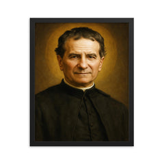 Saint John Bosco portrait framed print on a plain backdrop in size 16"x20".