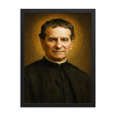 Saint John Bosco portrait framed print on a plain backdrop in size 18"x24".