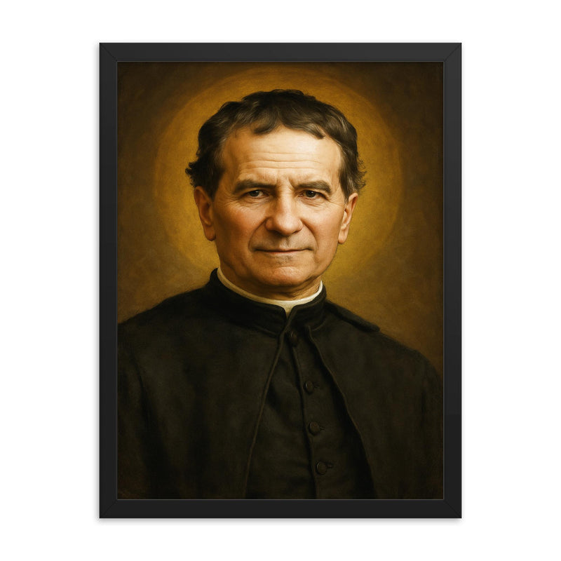 Saint John Bosco portrait framed print on a plain backdrop in size 18