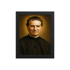 Saint John Bosco portrait framed print on a plain backdrop in size 8"x10".