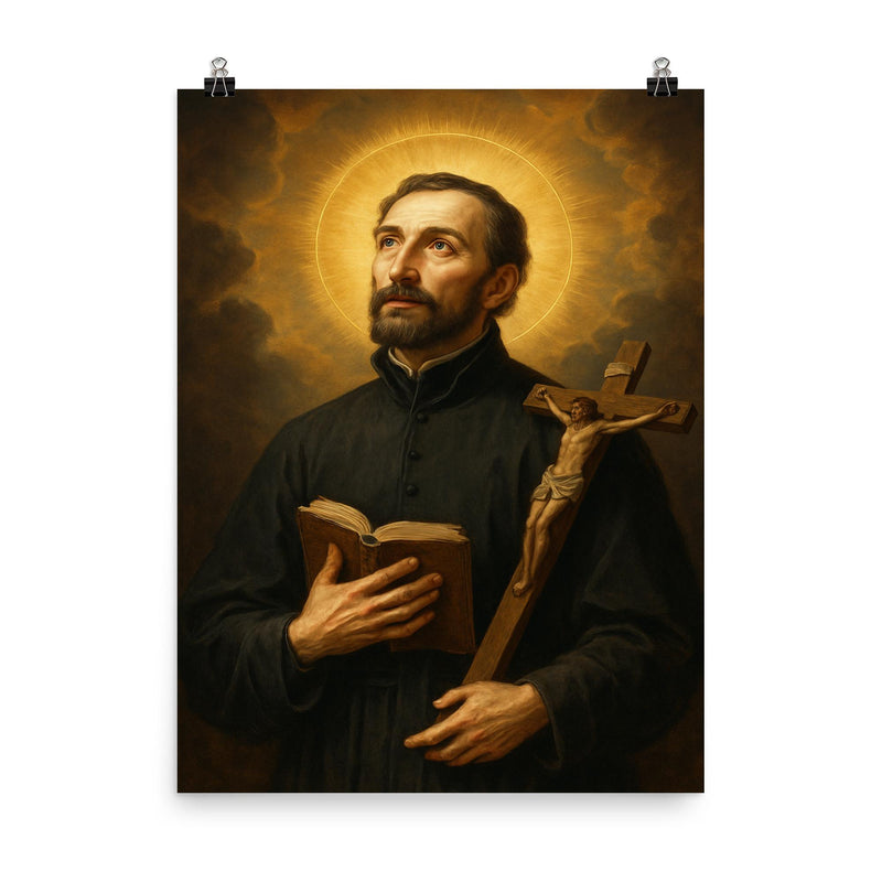 Saint John Francis Regis poster on a plain backdrop in size 8