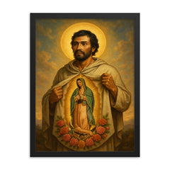 Saint Juan Diego framed print on a plain backdrop in size 18"x24".