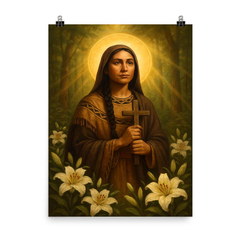 Saint Kateri Tekakwitha among lilies and forest light poster on a plain backdrop in size 8