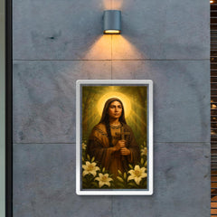 Saint Kateri Tekakwitha among lilies and forest light poster 2