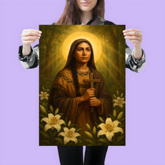 Saint Kateri Tekakwitha among lilies and forest light poster 3