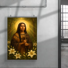 Saint Kateri Tekakwitha among lilies and forest light poster 4