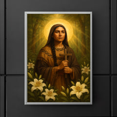 Saint Kateri Tekakwitha among lilies and forest light poster 5