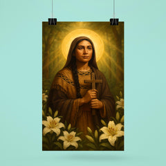 Saint Kateri Tekakwitha among lilies and forest light poster 6