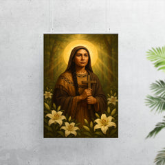 Saint Kateri Tekakwitha among lilies and forest light poster 7