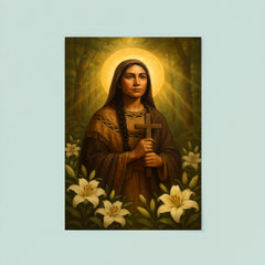 Saint Kateri Tekakwitha among lilies and forest light poster 8