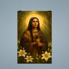 Saint Kateri Tekakwitha among lilies and forest light poster 9