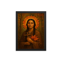 Saint Kateri Tekakwitha woodland halo of autumn leaves framed print on a plain backdrop in size 12"x16".