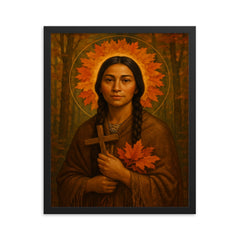 Saint Kateri Tekakwitha woodland halo of autumn leaves framed print on a plain backdrop in size 16"x20".