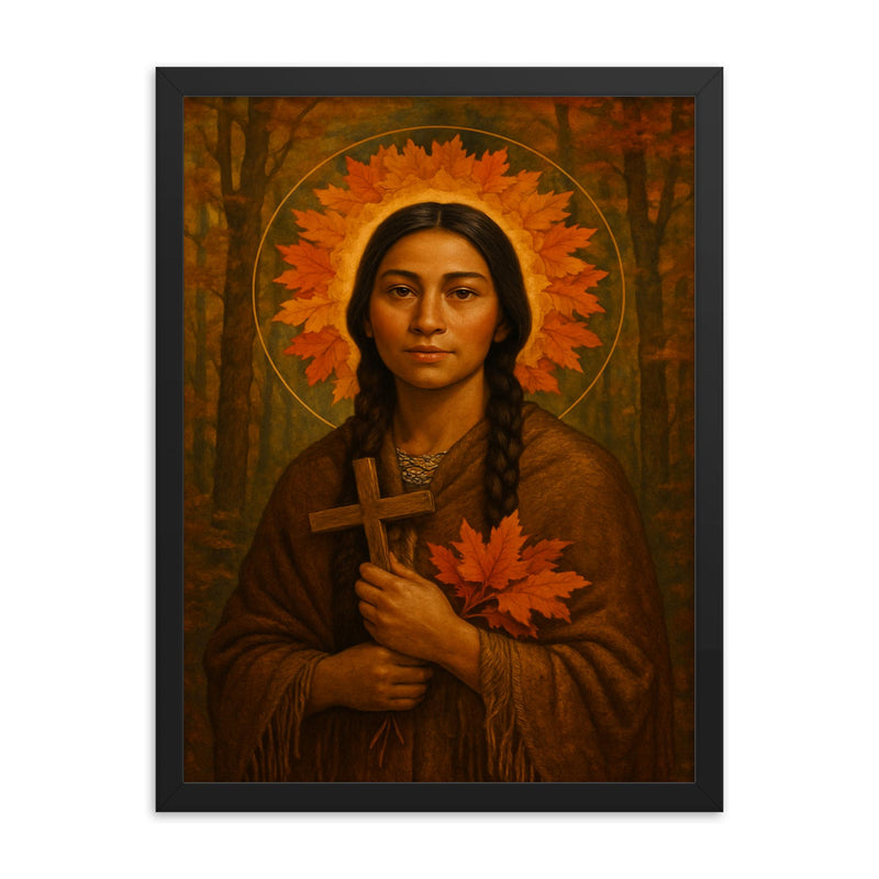 Saint Kateri Tekakwitha woodland halo of autumn leaves framed print on a plain backdrop in size 18