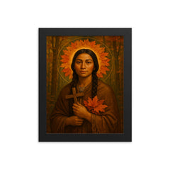 Saint Kateri Tekakwitha woodland halo of autumn leaves framed print on a plain backdrop in size 8"x10".